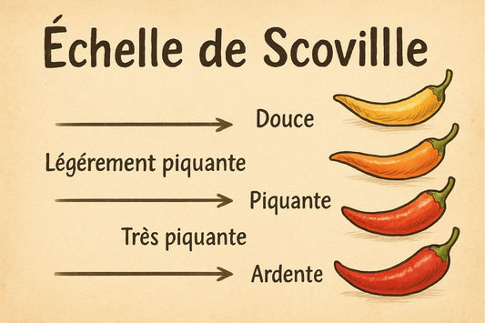 Bannière illustrée représentant l’échelle de Scoville avec des piments classés du Jalapeño au Carolina Reaper.
