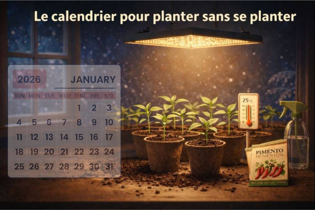 Calendrier de semis du piment en intérieur : jeunes plants de piment sous lampe horticole en janvier, avec repères de dates et température idéale pour réussir les semis sans se planter