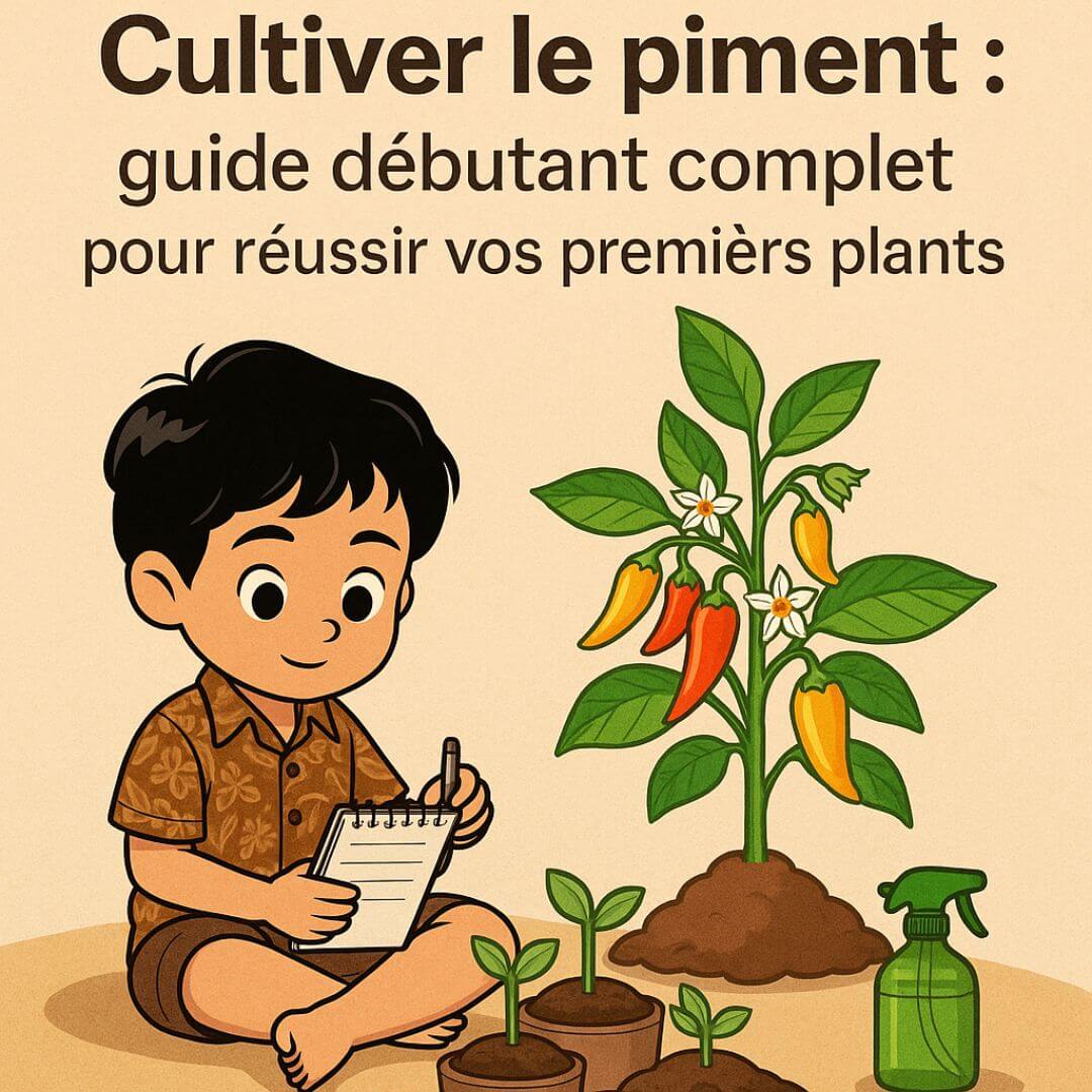 Illustration artisanale d’un garçon préparant des semis de piment avec du matériel de culture et un plants de piment en fond.