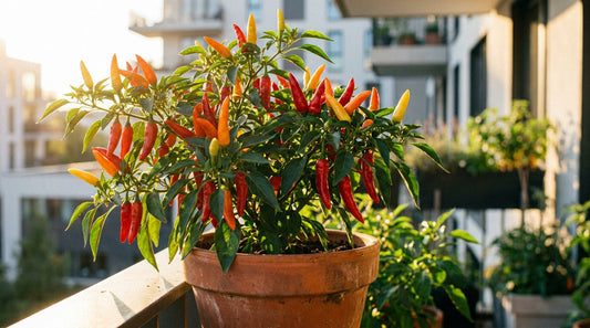 un plant de piment très heureux de pousser sur un balcon