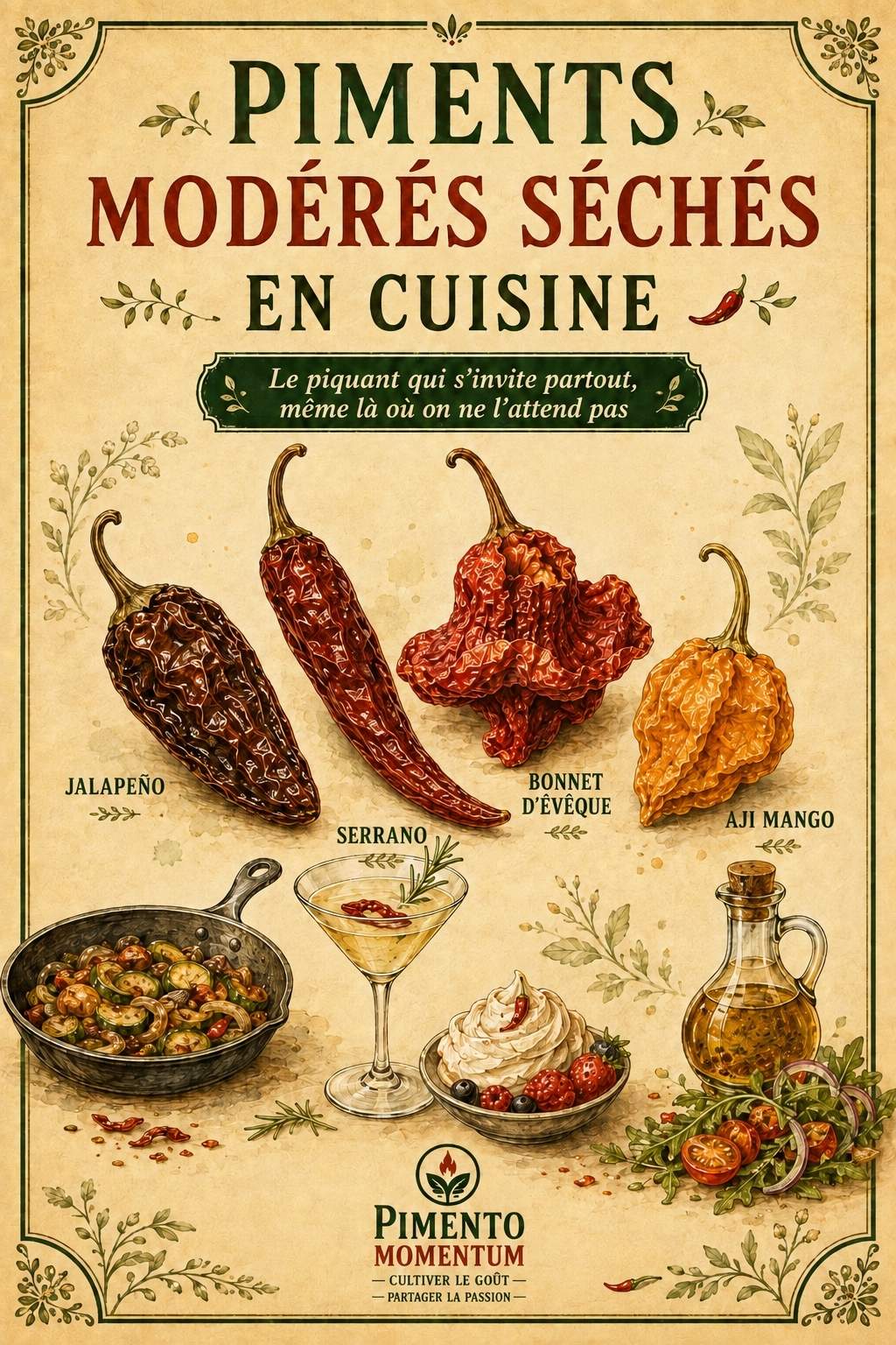 Piments modérés séchés en cuisine - Jalapeño, Serrano, Bonnet d'évêque et Aji Mango avec leurs usages : poêlée, cocktail gin, chantilly aux fraises et vinaigrette