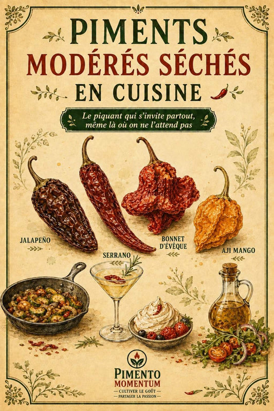 Piments modérés séchés en cuisine - Jalapeño, Serrano, Bonnet d'évêque et Aji Mango avec leurs usages : poêlée, cocktail gin, chantilly aux fraises et vinaigrette