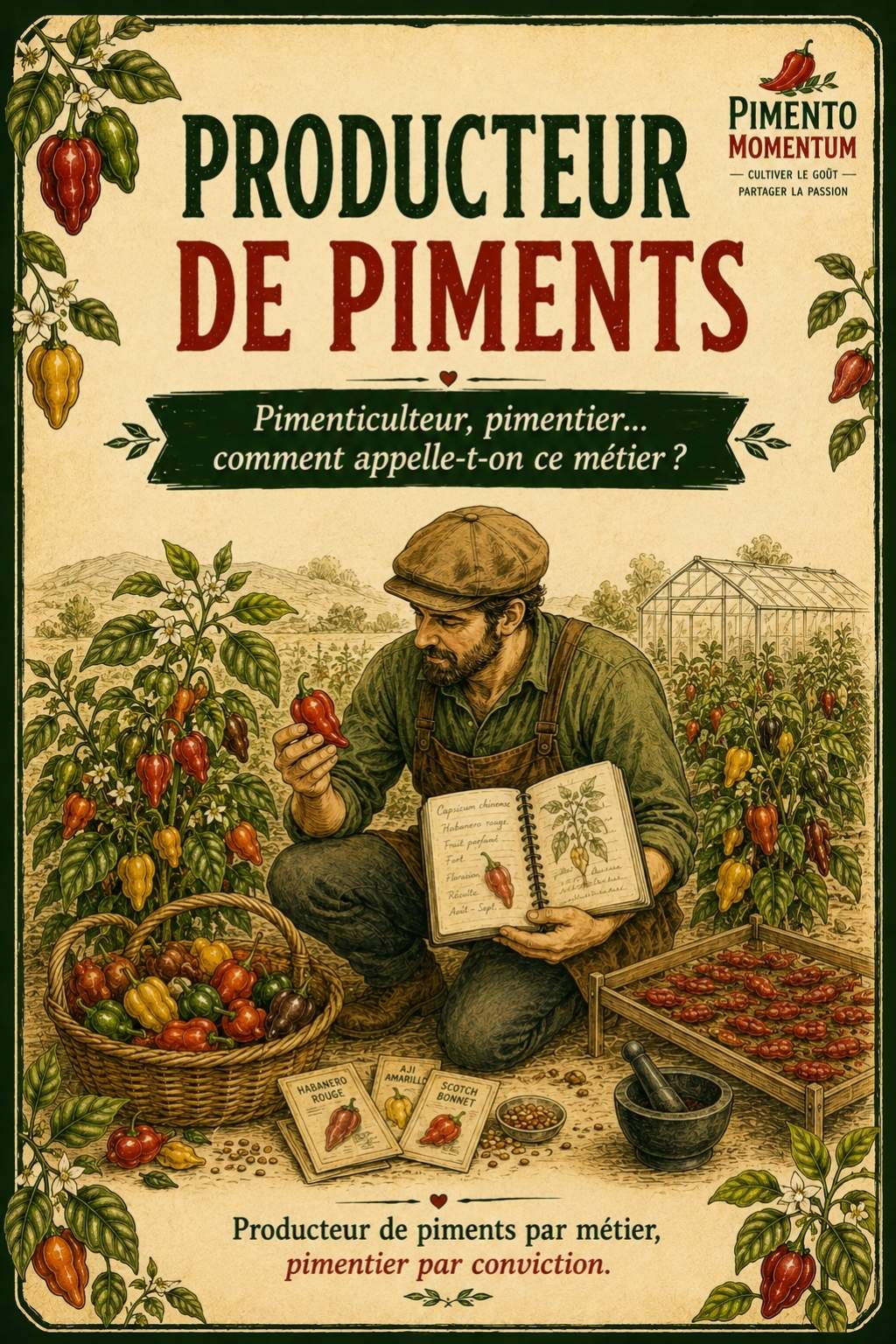 Illustration d'un producteur de piments observant un Habanero dans son exploitation avec des plants, un carnet botanique et des piments en cours de séchage.