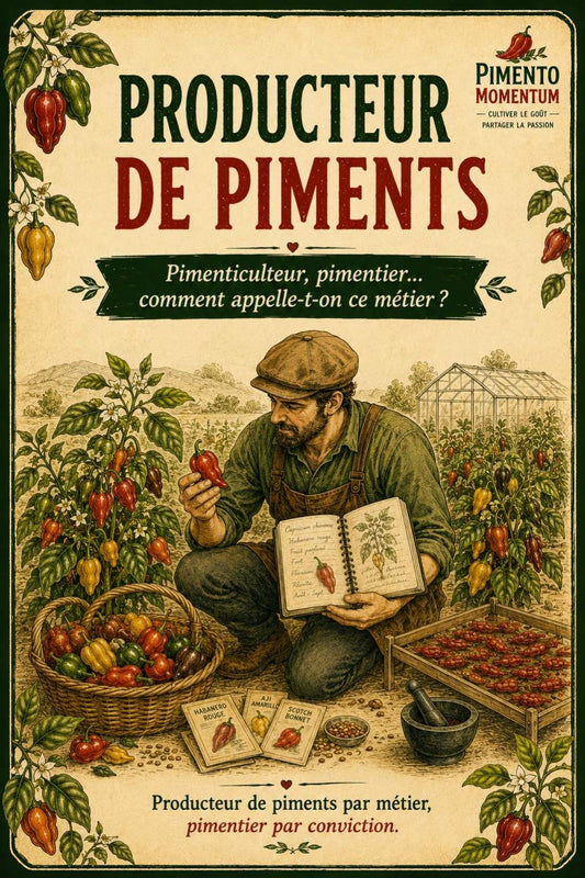 Illustration d'un producteur de piments observant un Habanero dans son exploitation avec des plants, un carnet botanique et des piments en cours de séchage.