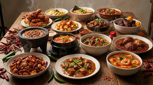 une table replis d'un multitude de plats pimentés