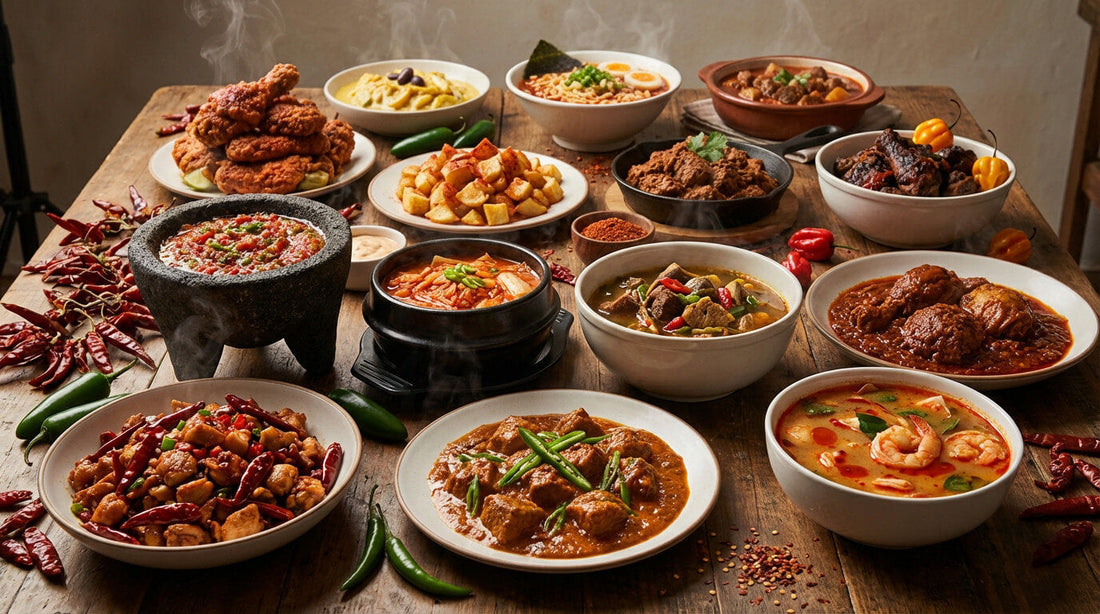 une table replis d'un multitude de plats pimentés