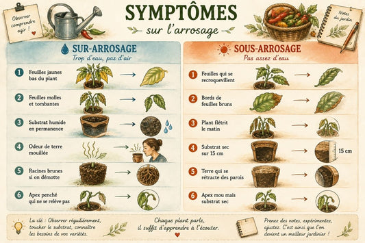 Infographie comparative des symptômes de sur-arrosage et sous-arrosage sur un plant de piment