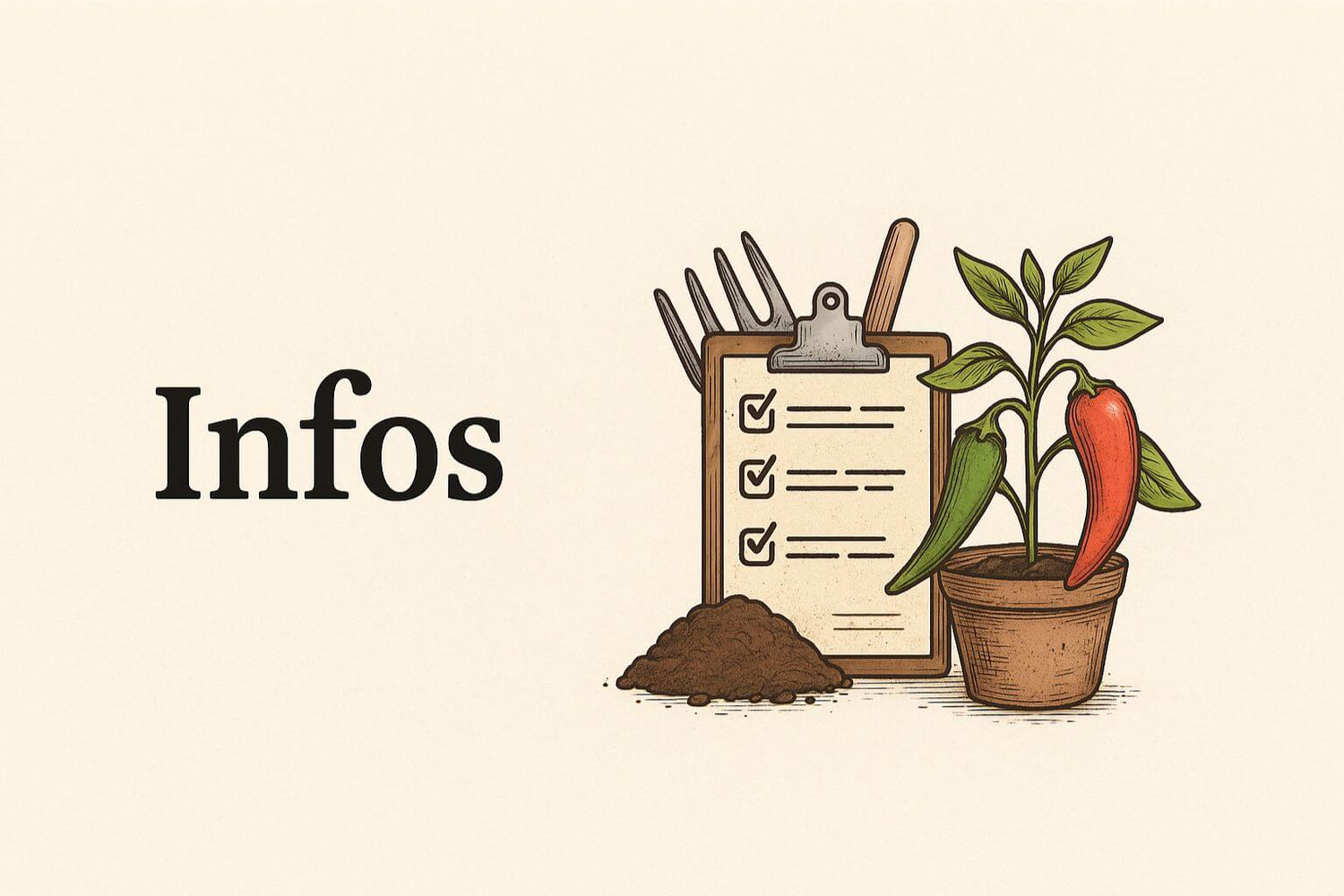 Illustration artisanale représentant des piments et outils de jardinage pour la bannière du blog Infos.