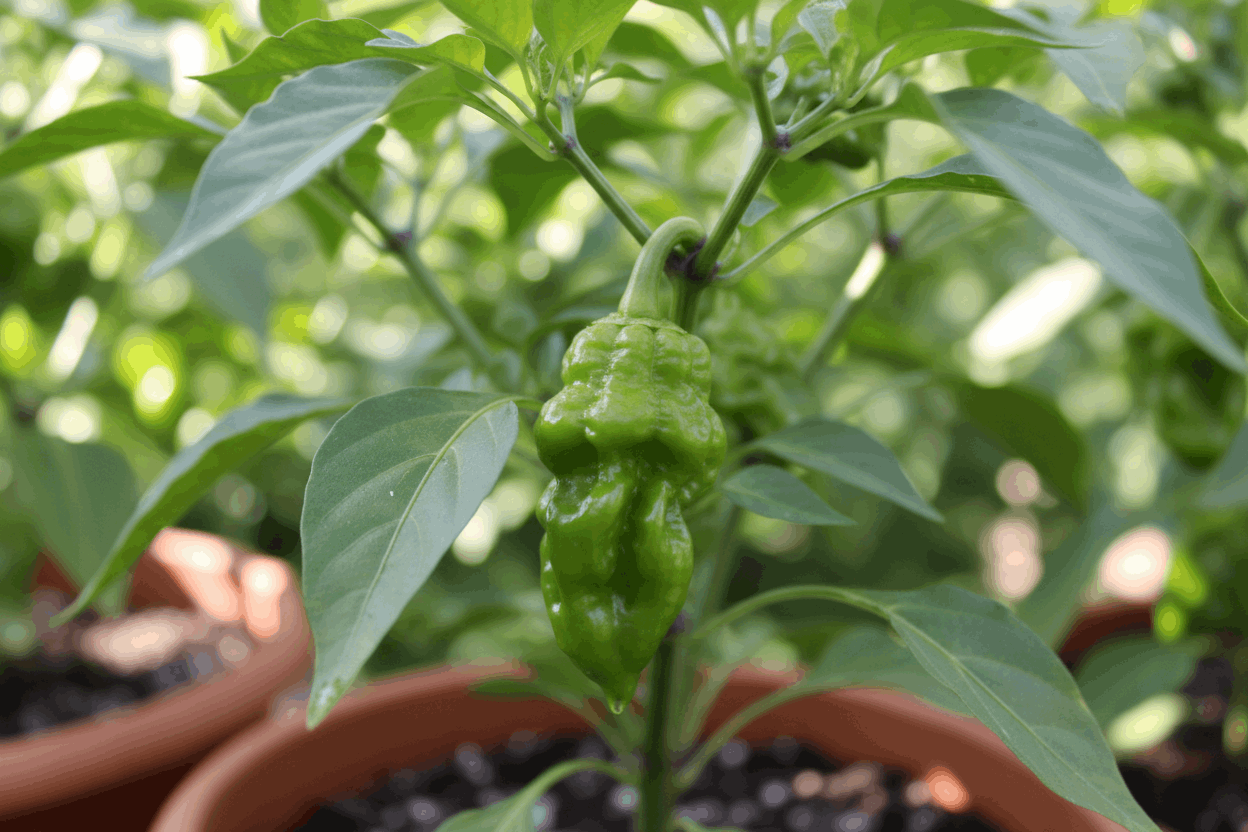 ghost pepper encore vert sur un plants assez jeune, culture en pot