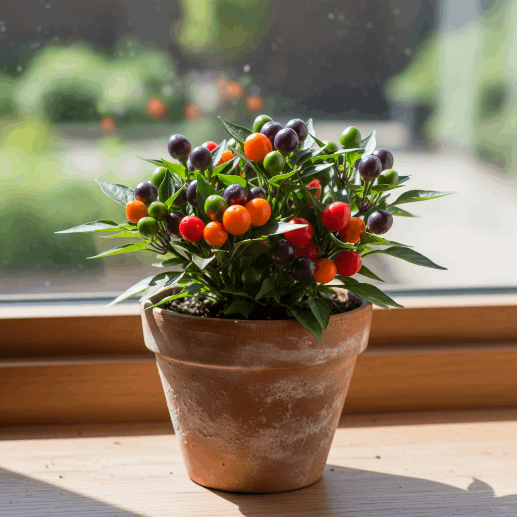 Le Nosegay ("petit bouquet") est un piment ornemental miniature absolument charmant ! Cette variété annuum compacte offre une chaleur modérée (5-6/10) autour de 30 000 SHU. Plante naine de seulement 15-20 cm, parfaite en pot sur rebord de fenêtre ! Fruits ronds miniatures en grappe serrée multicolores (vert, violet, orange, rouge) tous présents simultanément. Feuillage élégant type laurier qui ajoute une dimension décorative raffinée. Aussi décoratif que comestible avec chaleur surprenante pour sa taille ! 