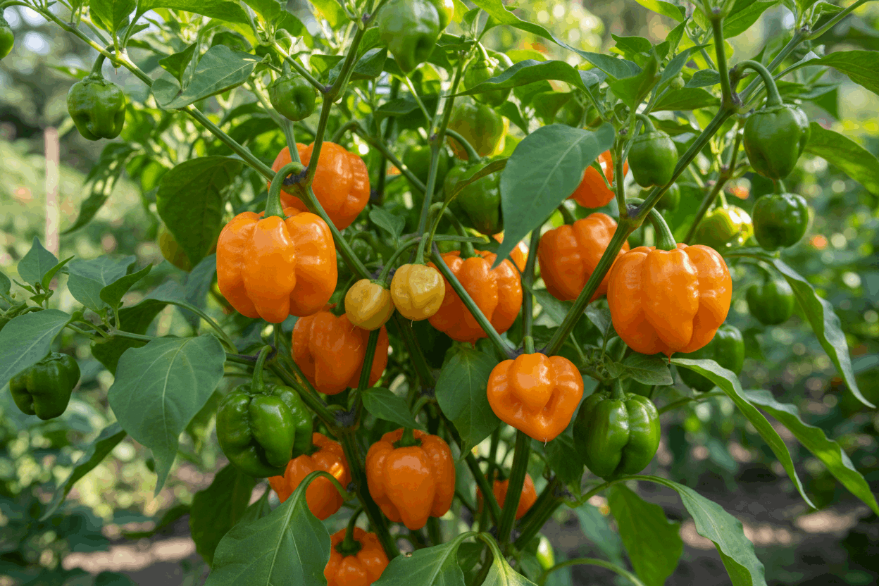 le piment bahamian goat est orange et plutot rond avec des lobes comme les 7 pots . donc refais stp