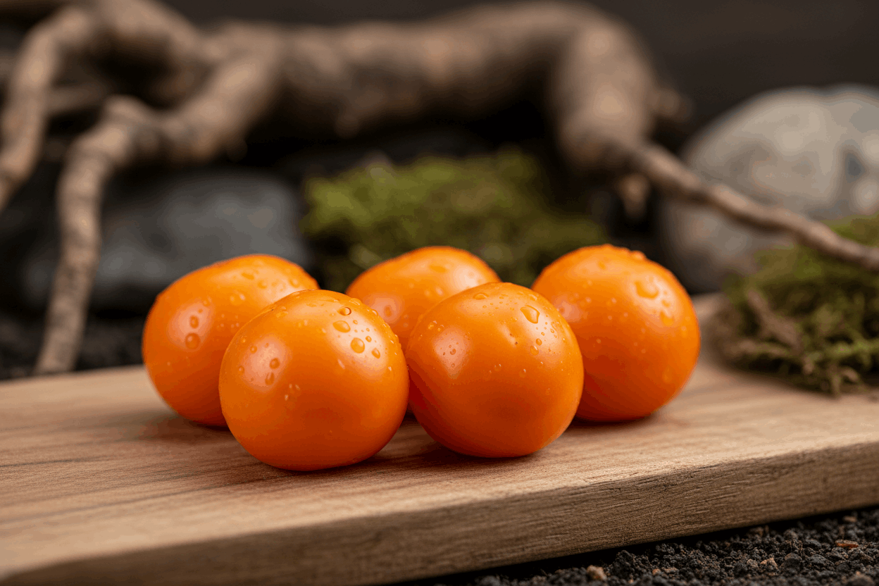 piment tout rond de 4 cm de diametre de couleur orange sur un plan, les fruits sont groupés et dréessés