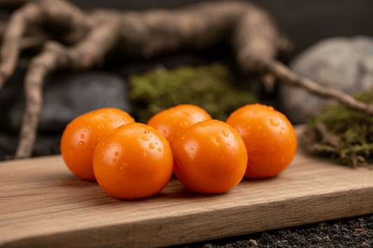 piment tout rond de 4 cm de diametre de couleur orange sur un plan, les fruits sont groupés et dréessés