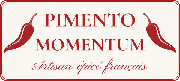 Logo Pimento Momentum entouré de piments - Artisan pimentier bio Lot-et-Garonne
