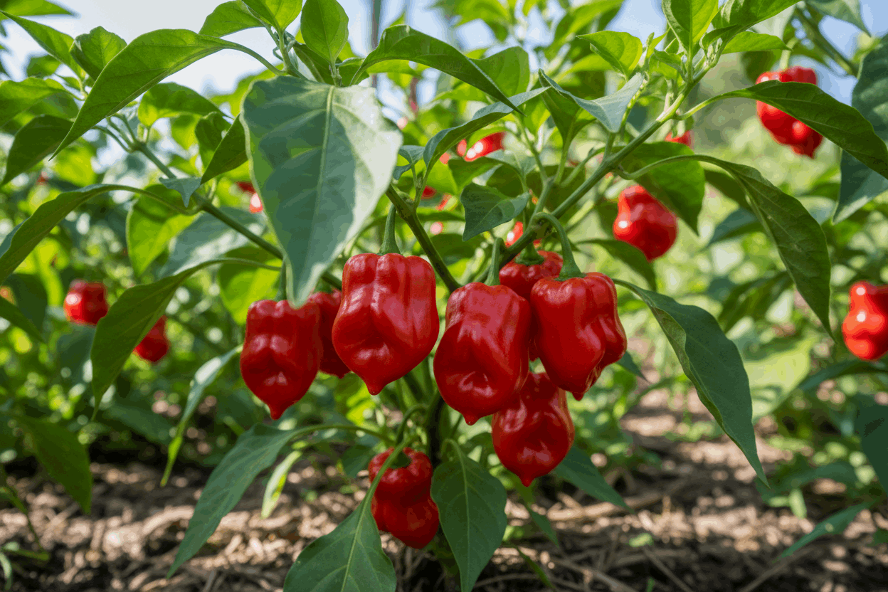 piments habanero rouges sur un plant bien vert en situation ensoleillée